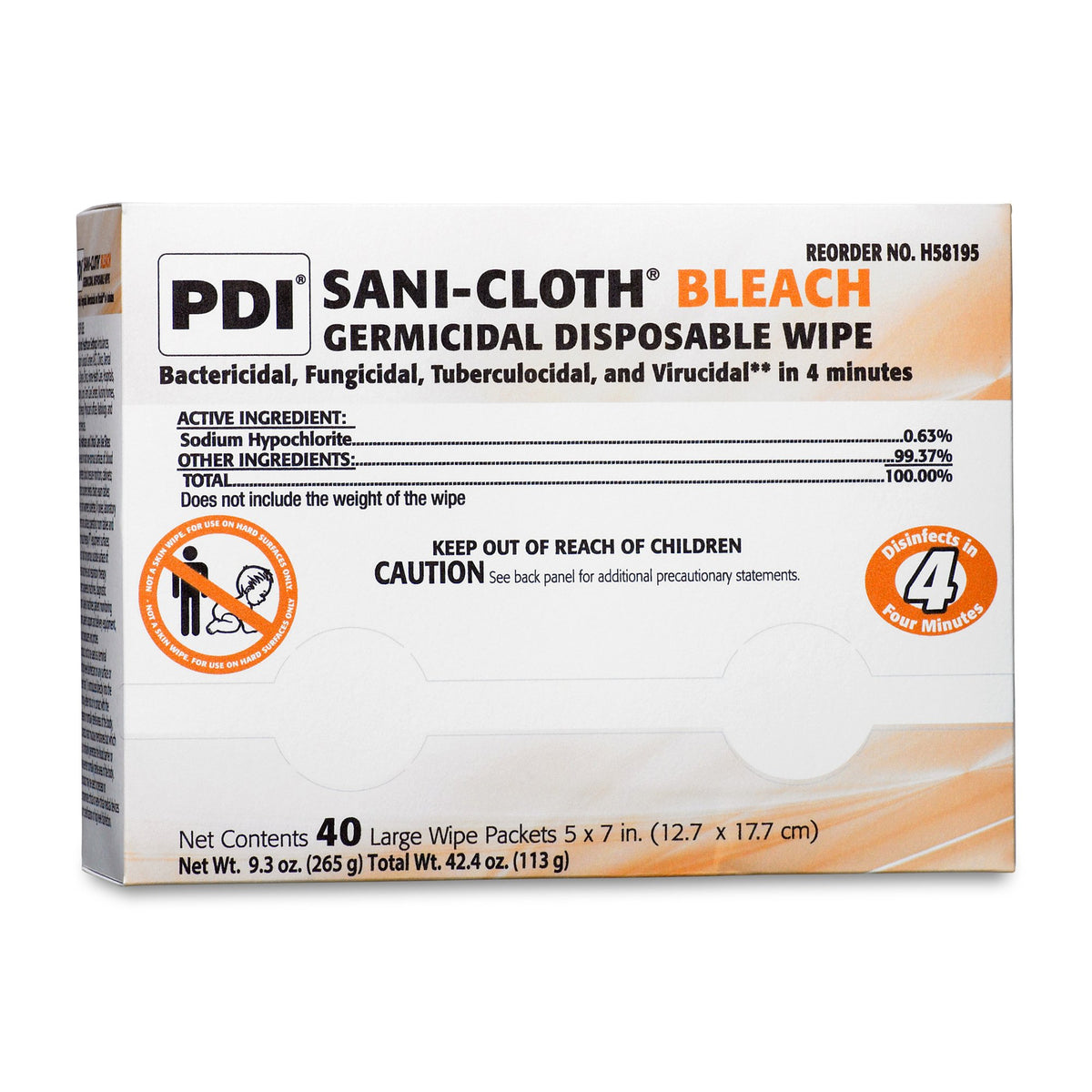 Sani-Cloth Bleach Germicidal Large Disinfectant Wipes, Individual Packet, 40 ct.-Sani-Cloth Bleach Surface Disinfectant Cleaner Premoistened Germicidal Manual Pull Wipe 40 Count Individual Packet Chlorine Scent NonSterile
