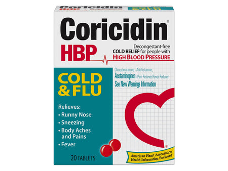 Coricidin HBP Cold & Flu Acetaminophen / Chlorpheniramine Maleate Cold and Cough Relief-Cold and Cough Relief Coricidin HBP Cold & Flu 325 mg - 2 mg Strength Tablet 20 per Box