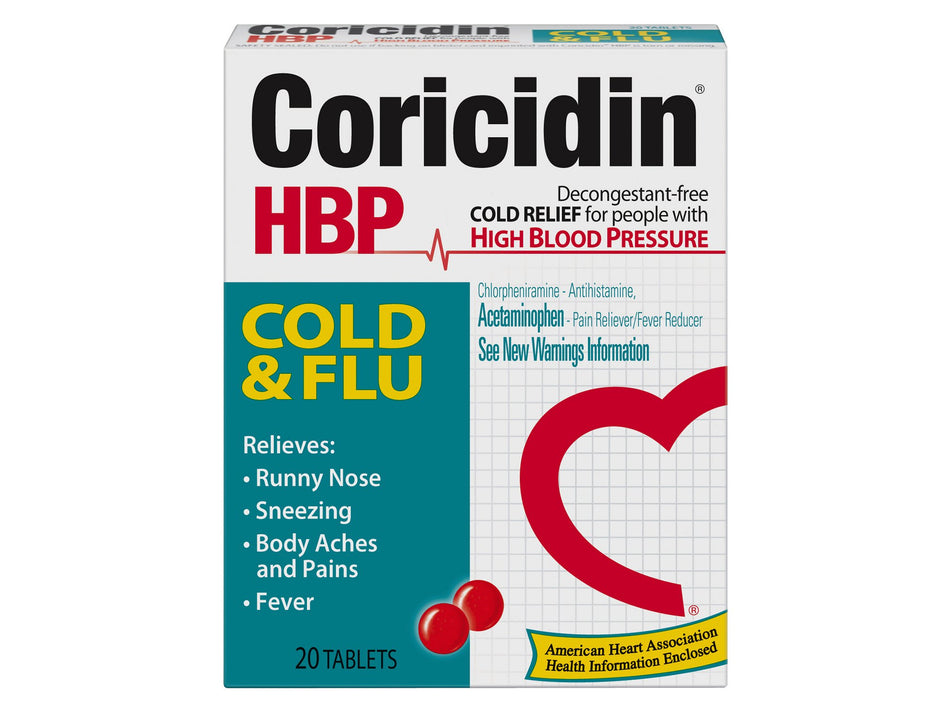Coricidin HBP Cold & Flu Acetaminophen / Chlorpheniramine Maleate Cold and Cough Relief-Cold and Cough Relief Coricidin HBP Cold & Flu 325 mg - 2 mg Strength Tablet 20 per Box