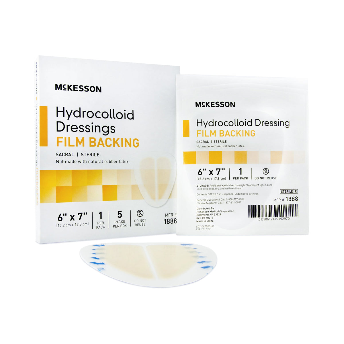 McKesson Hydrocolloid Dressing, 6 x 7 Inch Sacral-Hydrocolloid Dressing McKesson Waterproof Film Backing 6 X 7 Inch Sacral Hydrocolloid / Film