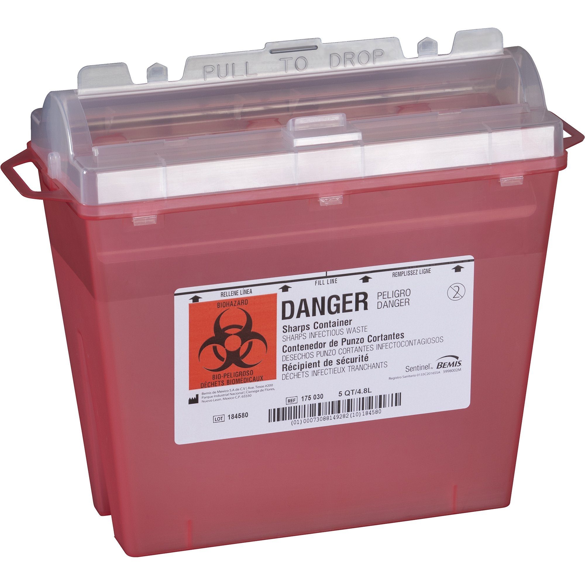 Bemis™ Sentinel Multi-purpose Sharps Container, 1.25 Gallon, 10 x 5.25 x 11 Inch - Needles and Syringes>Sharps Collectors>...