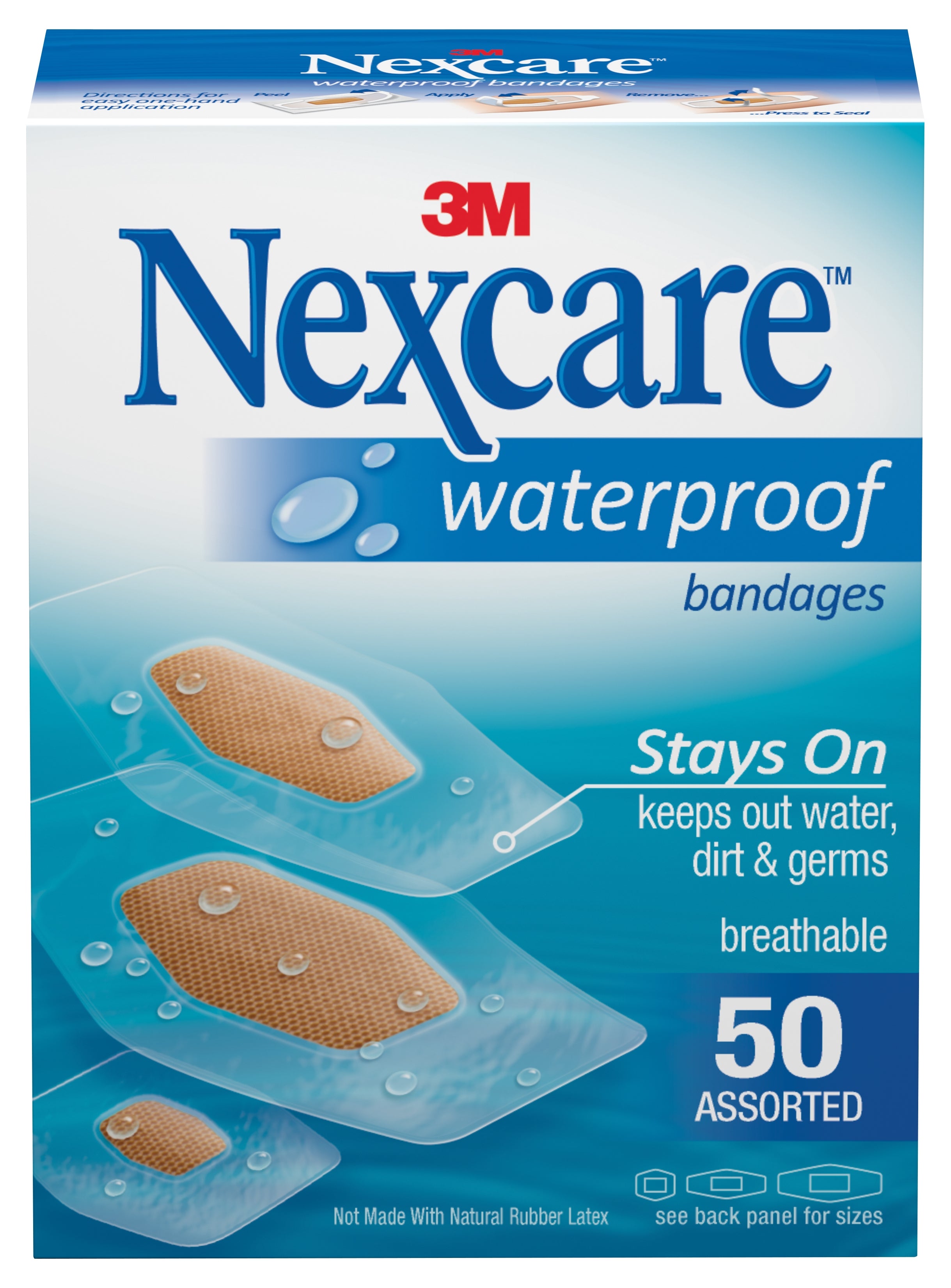 Nexcare Waterproof Clear / Tan Adhesive Strip, Assorted Sizes-Waterproof Adhesive Strip Nexcare Wateproof 7/8 X 1-1/16 Inch / 1-1/4 X 2-1/2 Inch / 1-1/16 X 2-1/4 Inch Plastic / Film Rectangle Clear / Tan Sterile