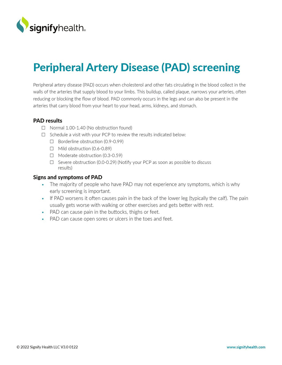 Signifyhealth Peripheral Artery Disease Screening Form-Fact Sheet Signigyhealth Peripheral Artery Disease (PAD) Screening 8 X11 Inch