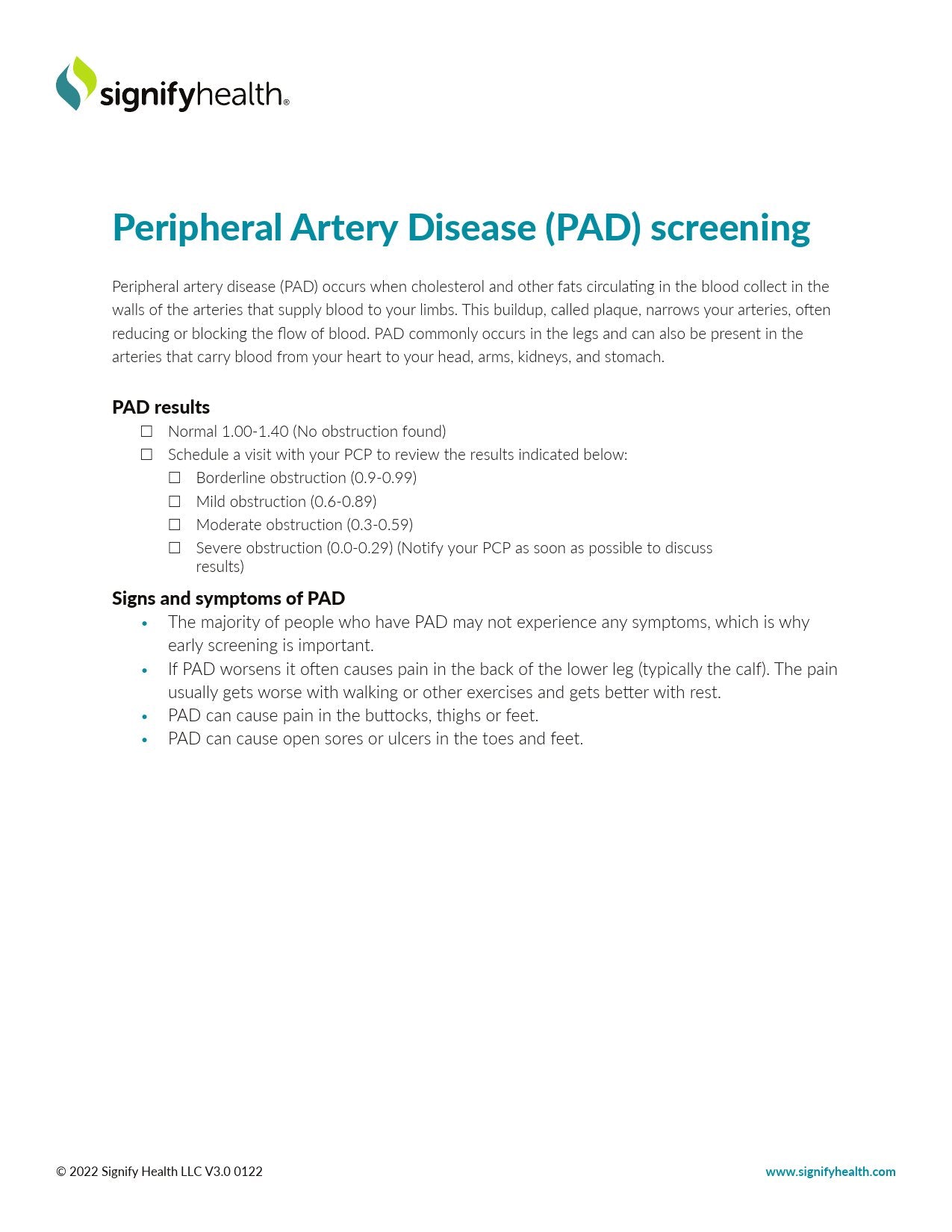 Signifyhealth Peripheral Artery Disease Screening Form-Fact Sheet Signigyhealth Peripheral Artery Disease (PAD) Screening 8 X11 Inch