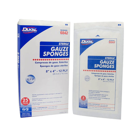 Dukal Sterile Gauze Sponge, 4 x 8 Inch, 12-Ply-Gauze Sponge Dukal 4 X 8 Inch 12-Ply Sterile 2 per Pack