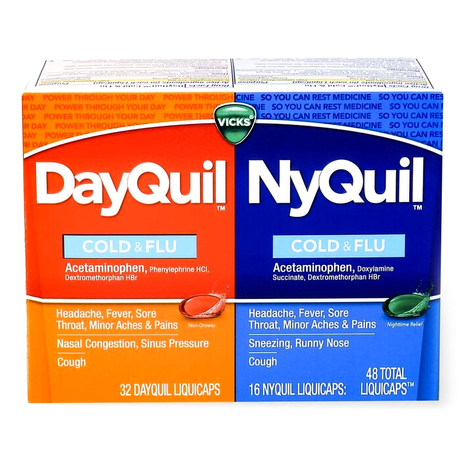 Vicks DayQuil/NyQuil Cold & Flu LiquiCaps-Cold and Cough Relief DayQuil Nyquil Combo Pack 325 mg - 10 mg - 5 mg Strength and 325 mg - 15 mg - 6.25 mg Strength Gelcap 48 per Box