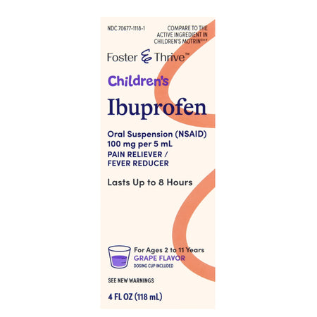 Foster & Thrive Children's Ibuprofen 100 mg pr 5 mL Oral Suspension (NSAID) Grape-Children's Pain Relief Foster & Thrive 100 mg / 5 mL Strength Ibuprofen Oral Suspension 4 oz.