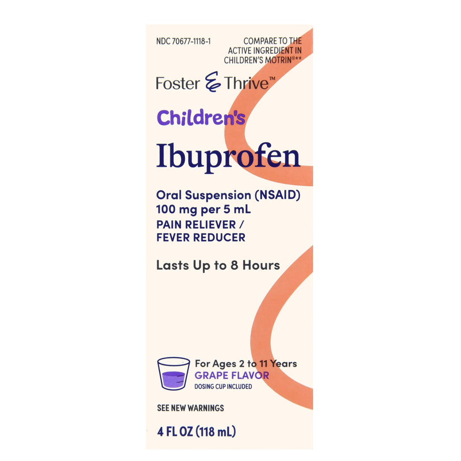 Foster & Thrive Children's Ibuprofen 100 mg pr 5 mL Oral Suspension (NSAID) Grape-Children's Pain Relief Foster & Thrive 100 mg / 5 mL Strength Ibuprofen Oral Suspension 4 oz.