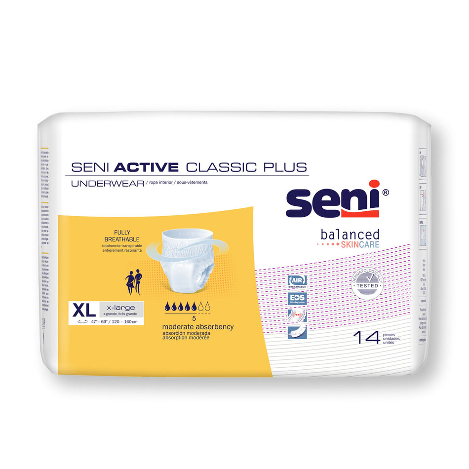 Seni Active Classic Plus Moderate Absorbent Underwear, Extra Large-Unisex Adult Absorbent Underwear Seni Active Classic Plus Pull On with Tear Away Seams X-Large Disposable Moderate Absorbency