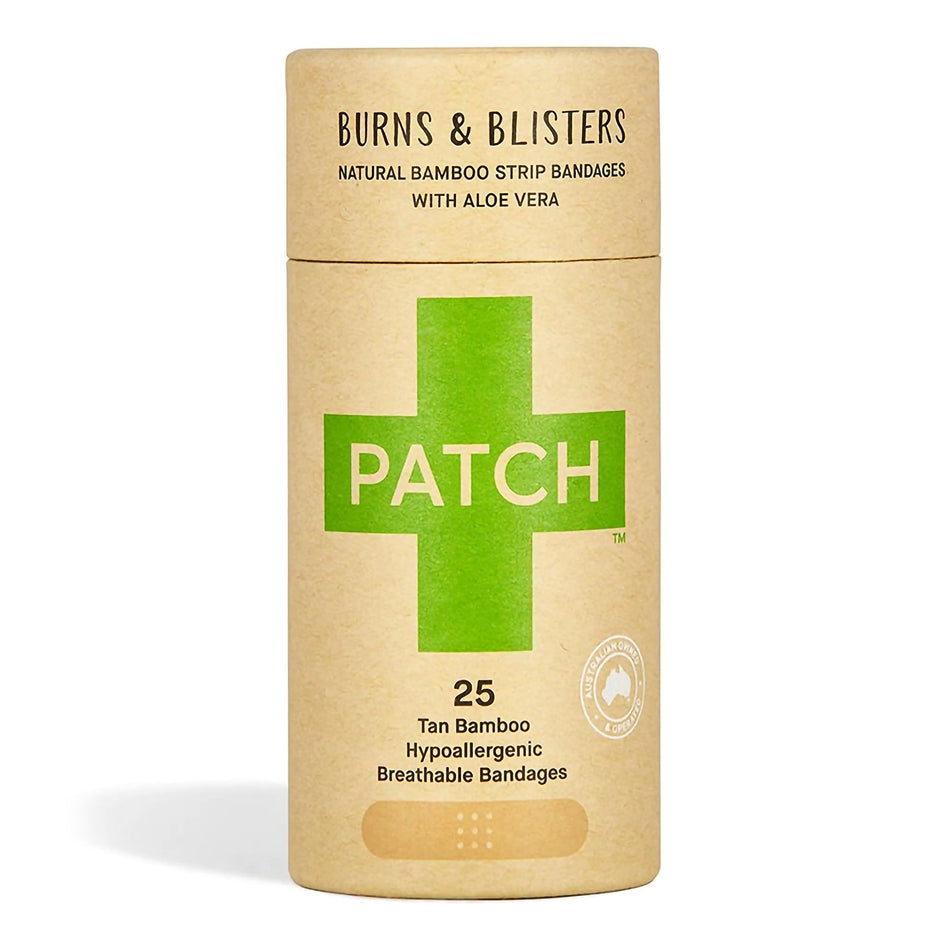 Patch� Burns and Blisters Adhesive Strip with Aloe Vera, 3/4 x 3 Inch-Adhesive Strip Patch� Burns and Blisters 3/4 X 3 Inch Bamboo s/b Bamboo / Aloe Vera Rectangle Tan Sterile