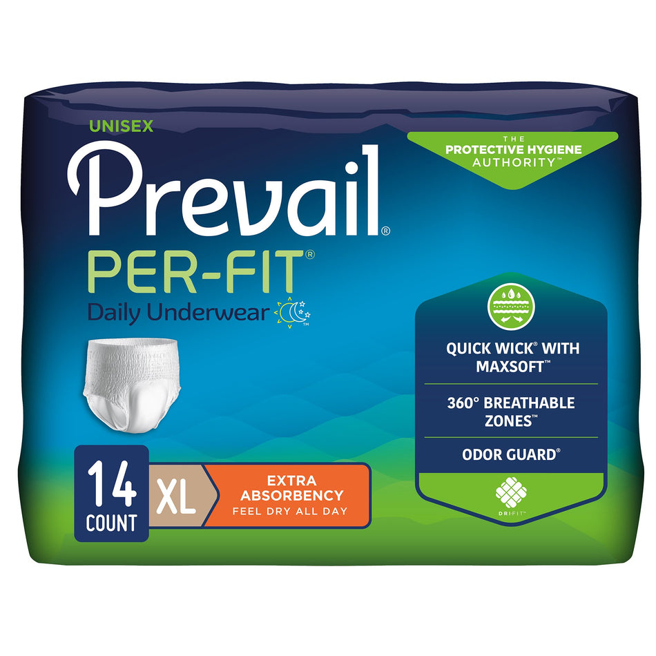 Prevail Per-Fit Extra Absorbent Underwear, Extra Large-Unisex Adult Absorbent Underwear Prevail Per-Fit Extra Pull On with Tear Away Seams X-Large Disposable Heavy Absorbency