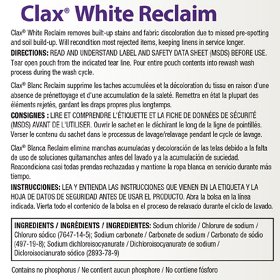 Laundry Stain Remover Diversey™ Clax® White Reclaim 1 lb. Bag Powder Chlorine Scent - Housekeeping>Detergents - Diversey