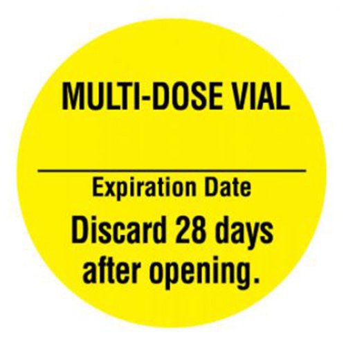 Pre-Printed Label UAL Auxiliary Label Yellow Paper Multi-Dose Vial Expiation Date Discard 28 Days after opening Black Syringe Label 1 Inch Diameter