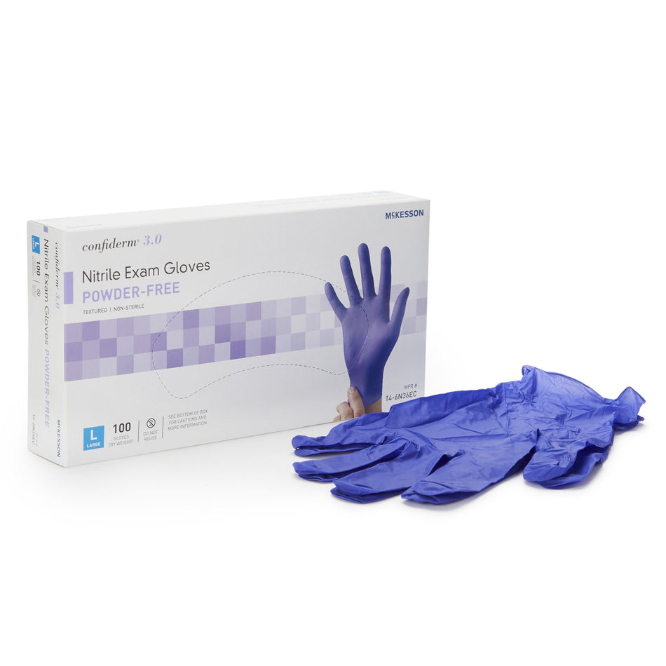 McKesson Confiderm 3.0 Nitrile Exam Glove, Large, Blue-Exam Glove McKesson Confiderm 3.0 Large NonSterile Nitrile Standard Cuff Length Textured Fingertips Blue Not Rated