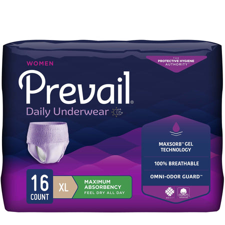 Prevail Daily Absorbent Underwear, X-Large, Lavender-Female Adult Absorbent Underwear Prevail Daily Underwear Pull On with Tear Away Seams X-Large Disposable Heavy Absorbency