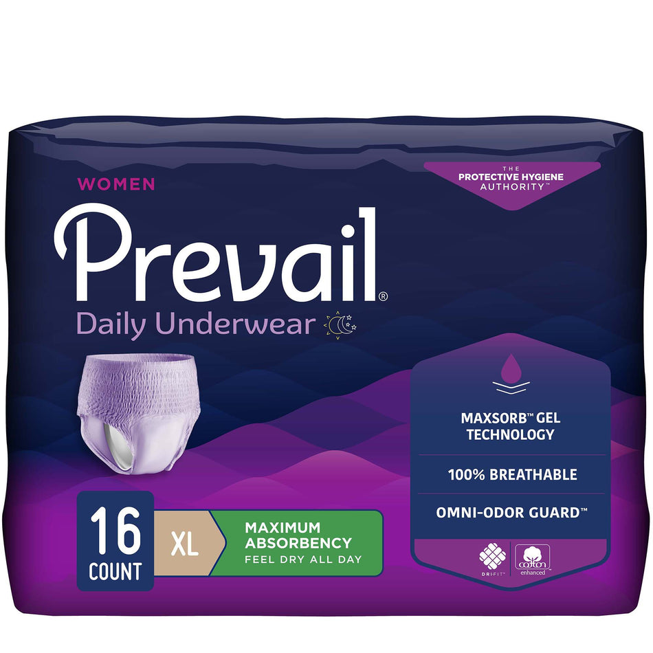 Prevail Daily Absorbent Underwear, X-Large, Lavender-Female Adult Absorbent Underwear Prevail Daily Underwear Pull On with Tear Away Seams X-Large Disposable Heavy Absorbency