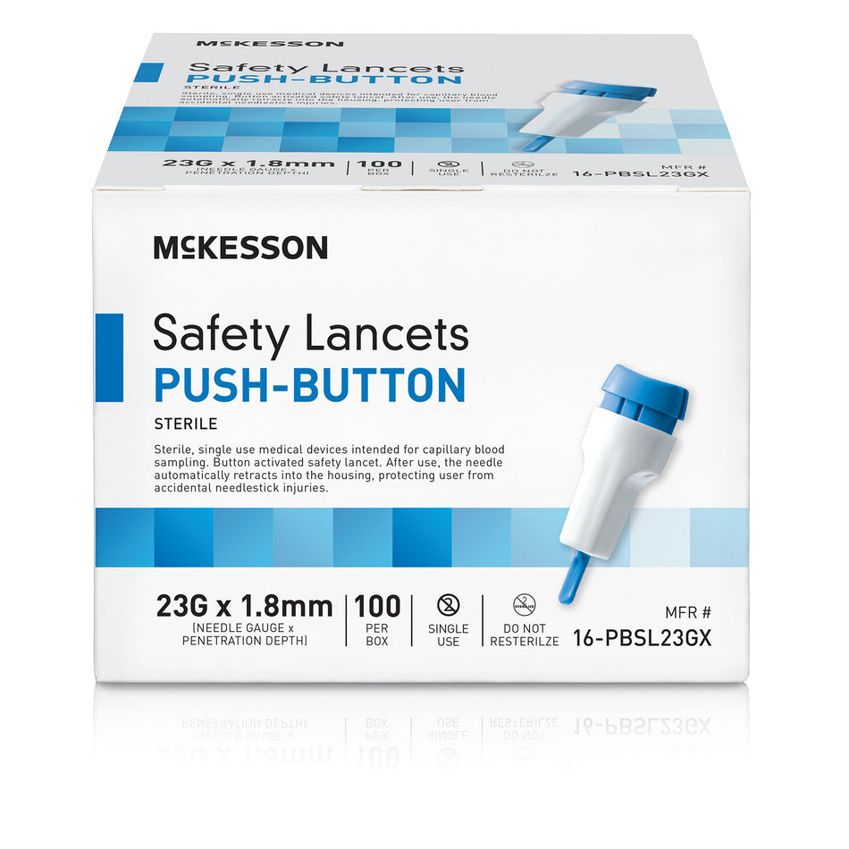 McKesson Push Button Safety Lancet, 23G x 1.8mm-Safety Lancet McKesson 23 Gauge Retractable Push Button Activation Finger