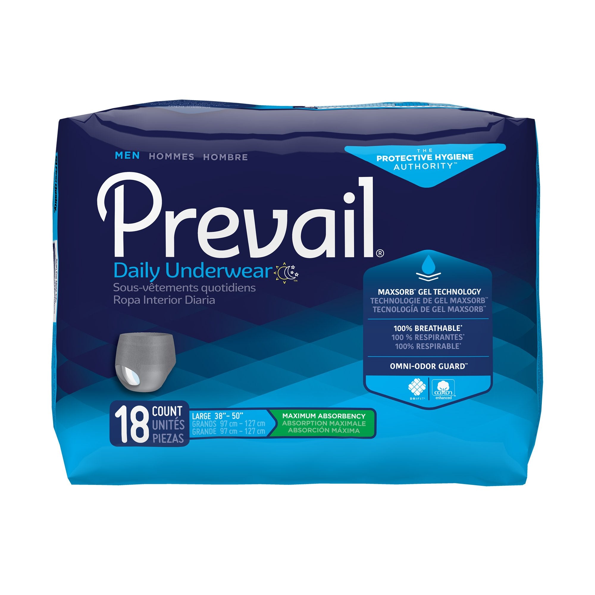 Prevail Men's Daily Underwear Maximum Absorbent Underwear, Large / Extra Large-Male Adult Absorbent Underwear Prevail Daily Underwear Pull On with Tear Away Seams Large Disposable Heavy Absorbency