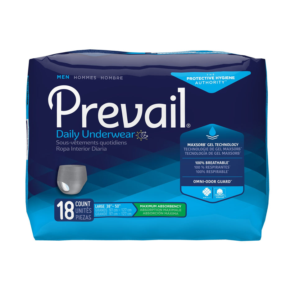 Prevail Men's Daily Underwear Maximum Absorbent Underwear, Large / Extra Large-Male Adult Absorbent Underwear Prevail Daily Underwear Pull On with Tear Away Seams Large Disposable Heavy Absorbency