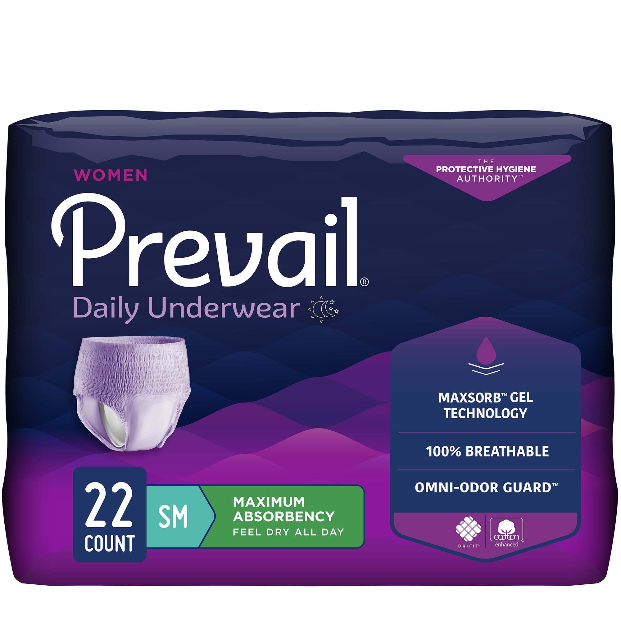 Prevail Daily Underwear Maximum Absorbent Underwear, Small-Female Adult Absorbent Underwear Prevail Daily Underwear Pull On with Tear Away Seams Small Disposable Heavy Absorbency