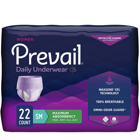 Prevail Daily Underwear Maximum Absorbent Underwear, Small-Female Adult Absorbent Underwear Prevail Daily Underwear Pull On with Tear Away Seams Small Disposable Heavy Absorbency