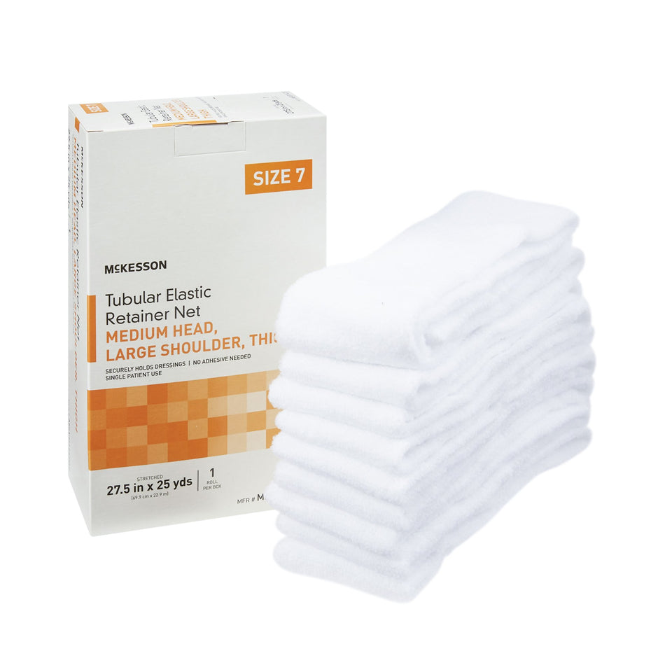 McKesson Tubular Bandage, Size 7, 25 Yard-Elastic Net Retainer Dressing McKesson Tubular Elastic 27-1/2 Inch X 25 Yard (69.9 cm X 22.9 m) Size 7 White Medium Head / Large Shoulder / Thigh NonSterile