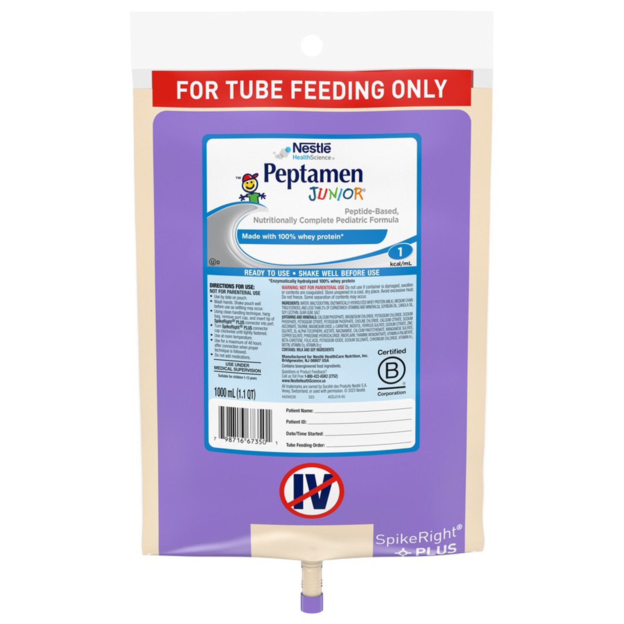 Peptamen Junior® Pediatric Tube Feeding Formula, 1000 mL Bag-Pediatric Tube Feeding Formula Peptamen Junior® Unflavored 1000 mL Bag Liquid Whey Protein Impaired GI Function