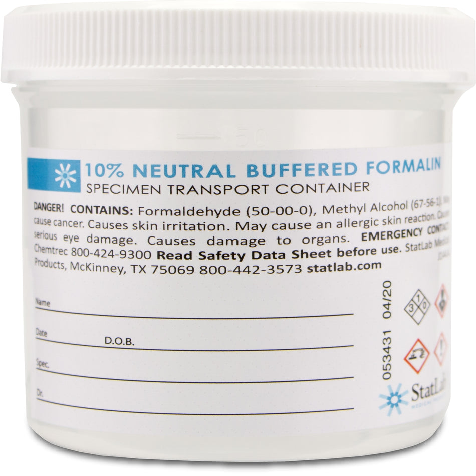 StatLab Prefilled Formalin Container, 90 mL Fill in 180 mL-Prefilled Formalin Container 90 mL Fill in 180 mL (6 oz.) Screw Cap Warning Label / Patient Information NonSterile