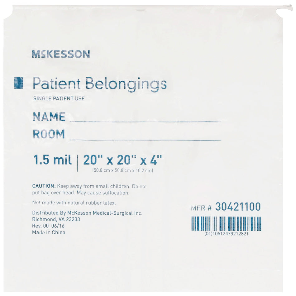 McKesson Patient Belongings Bag, White-Patient Belongings Bag McKesson 4 X 20 X 20 Inch Polyethylene Drawstring Closure White