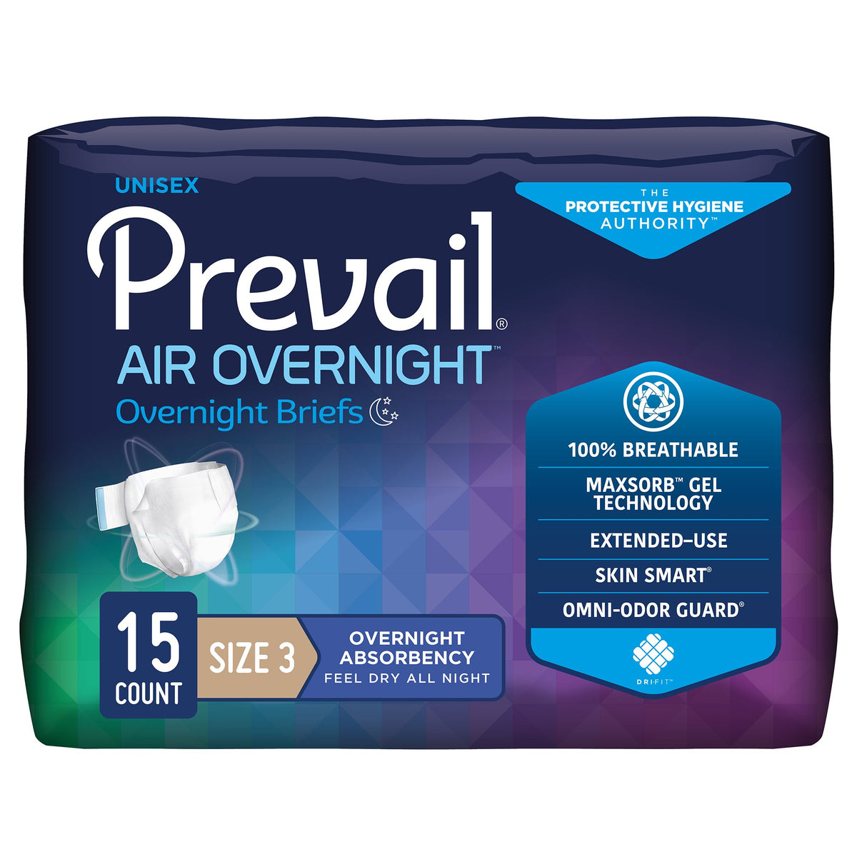 Prevail Air Overnight Briefs Overnight Absorbency, Size 3-Unisex Adult Incontinence Brief Prevail Air Overnight Size 3 / X-Large Disposable Heavy Absorbency