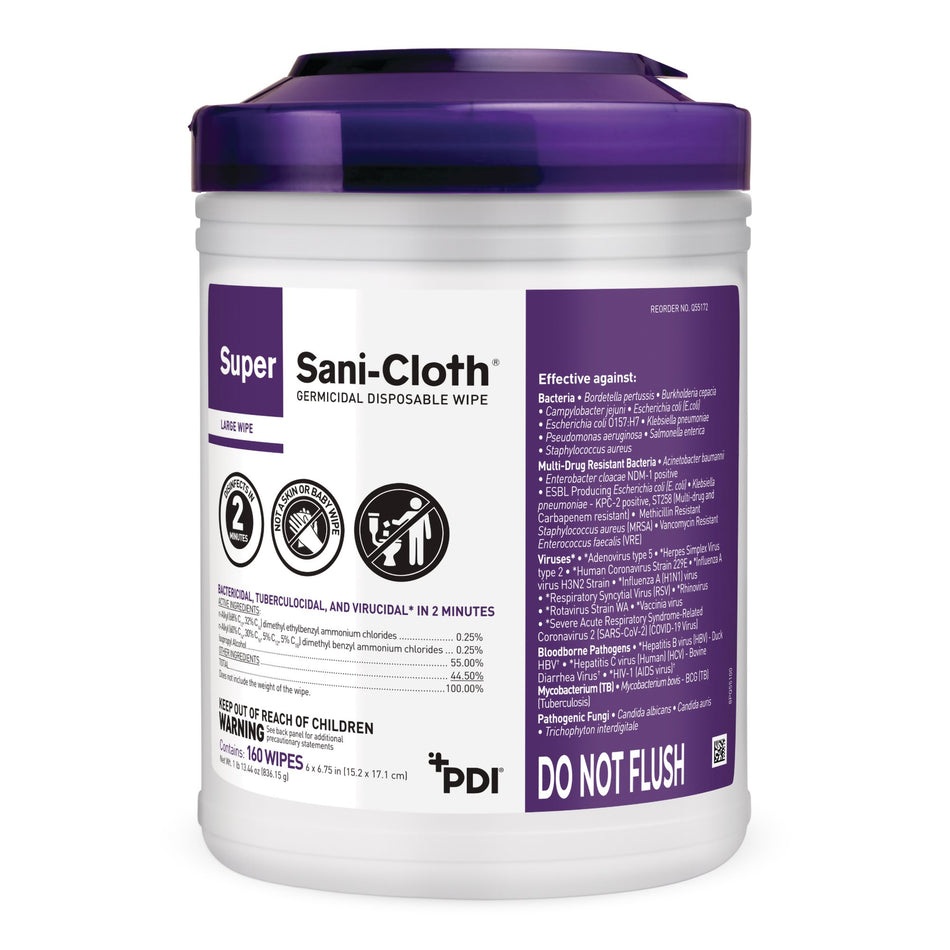 Super Sani-Cloth� Large Germicidal Disinfectant Wipes, Canister, 160 ct.-Super Sani-Cloth� Surface Disinfectant Cleaner Premoistened Germicidal Manual Pull Wipe 160 Count Canister Alcohol Scent NonSterile