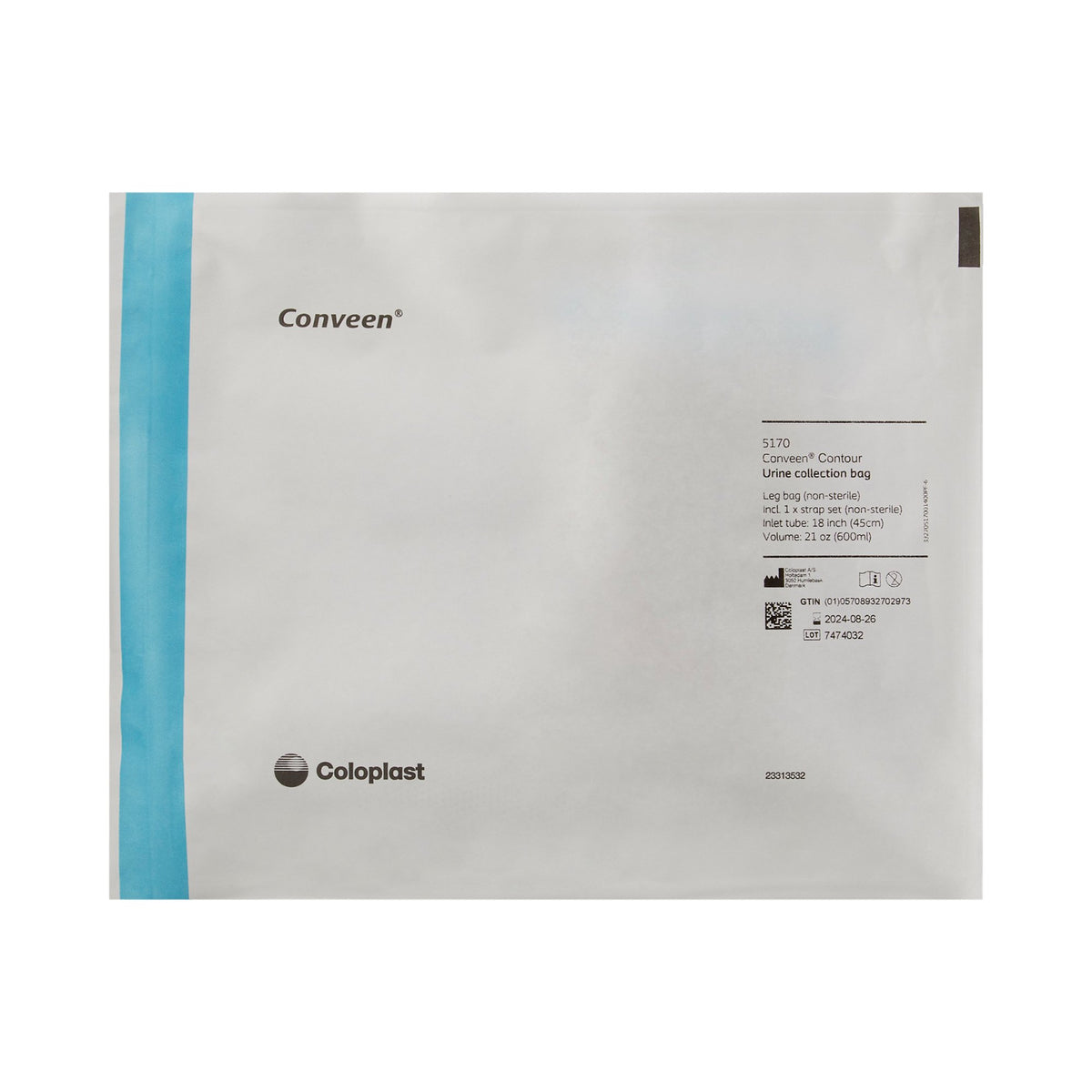 Conveen Security+ Urinary Leg Bag, 600 mL, Rubber-Urinary Leg Bag Conveen Security+ Anti-Reflux Valve NonSterile 600 mL Polyethylene / Flocked