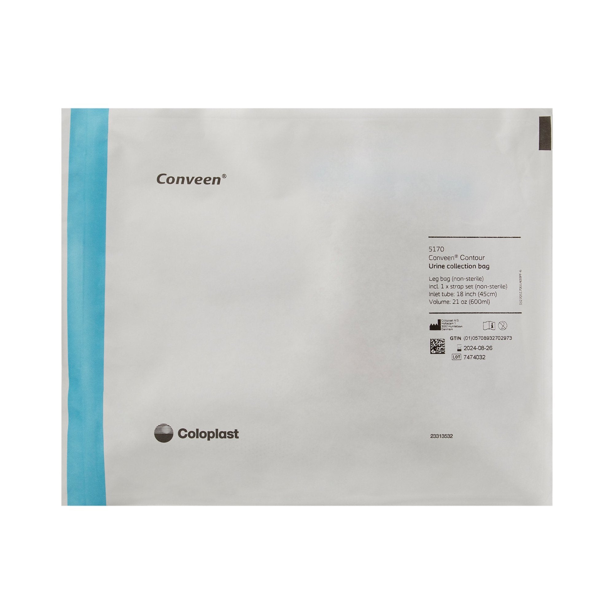Conveen Security+ Urinary Leg Bag, 600 mL, Rubber-Urinary Leg Bag Conveen Security+ Anti-Reflux Valve NonSterile 600 mL Polyethylene / Flocked