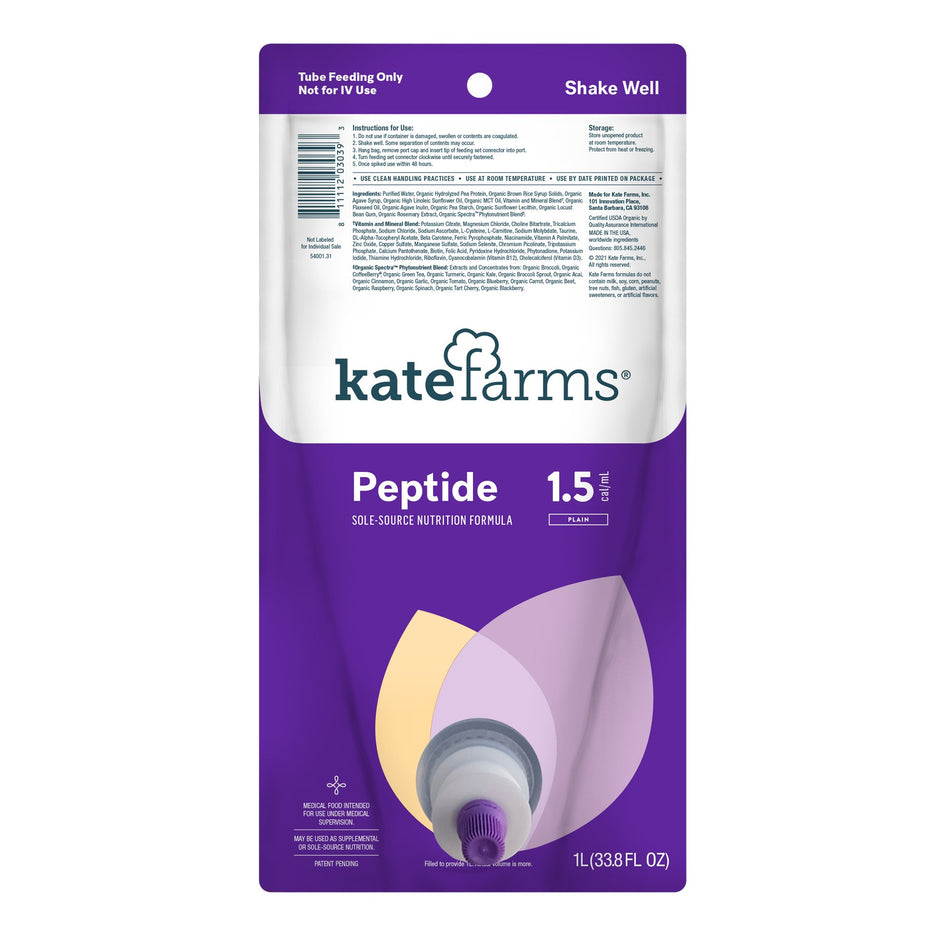 Kate Farms Peptide 1.5 Sole-Source Nutrition Formula, 1000 mL Bag-Tube Feeding Formula Kate Farms Peptide 1.5 Closed System Unflavored Liquid 1000 mL Ready to Hang Prefilled Container