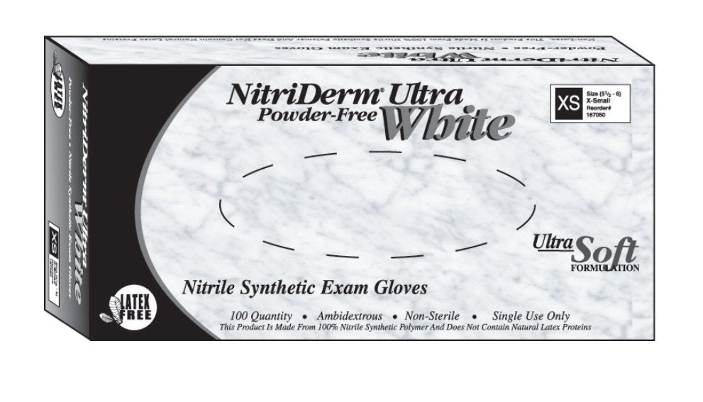 NitriDerm Ultra White Nitrile Exam Glove, Large, White-Exam Glove NitriDerm Ultra White Large NonSterile Nitrile Standard Cuff Length Fully Textured White Chemo Tested / Fentanyl Tested