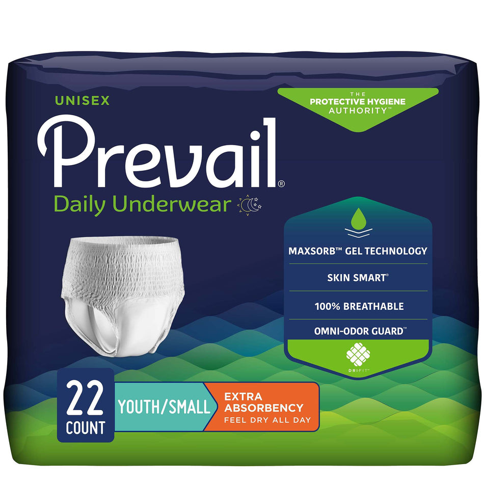 Prevail Daily Underwear Extra Absorbent Underwear, Small (Youth)-Unisex Youth Absorbent Underwear Prevail Daily Underwear Pull On with Tear Away Seams Small Disposable Moderate Absorbency