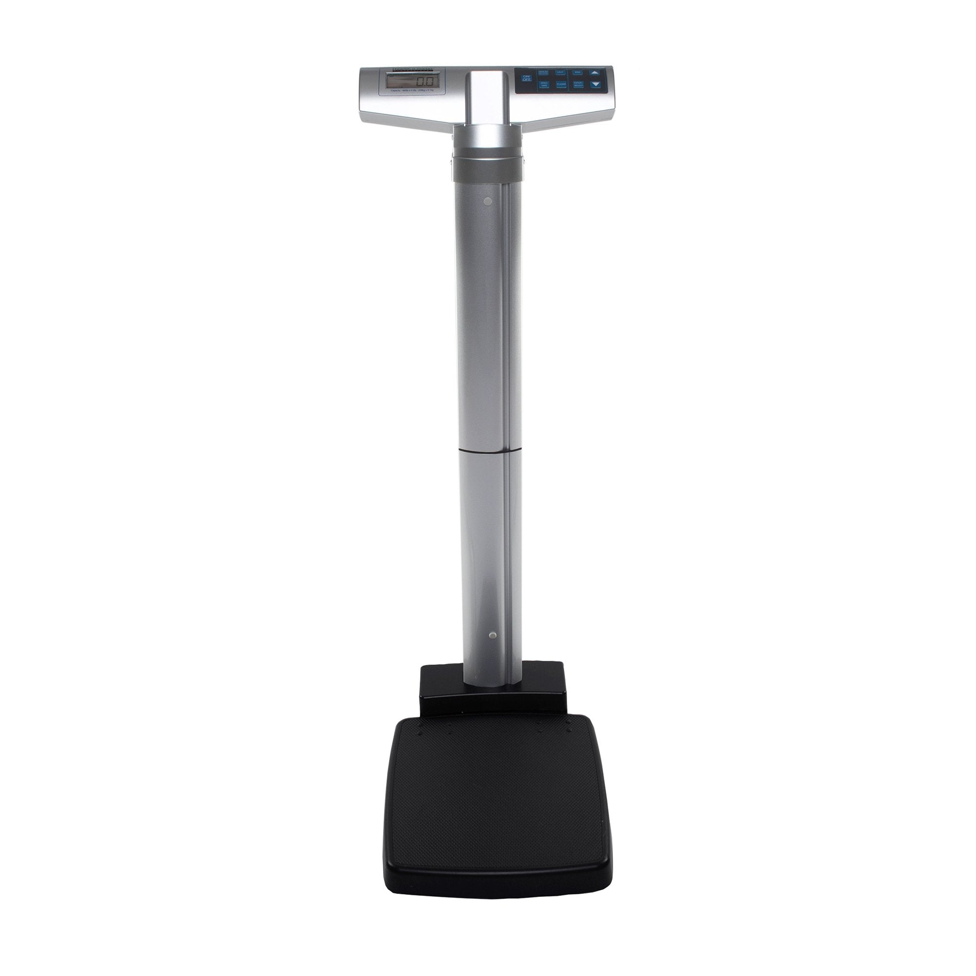 Health O Meter Digital Platform Scale-Physician Scale with Height Rod Health O Meter LCD Display 460 lbs. / 209 kg Capacity Gray AC Adapter / Battery Operated