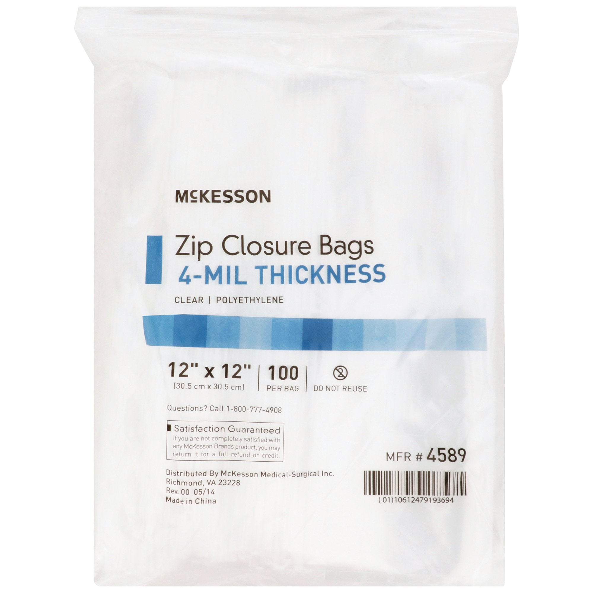 McKesson Zip Closure Bag, 12 x 12 in.-Reclosable Bag McKesson 12 X 12 Inch Polyethylene Clear Zipper Closure