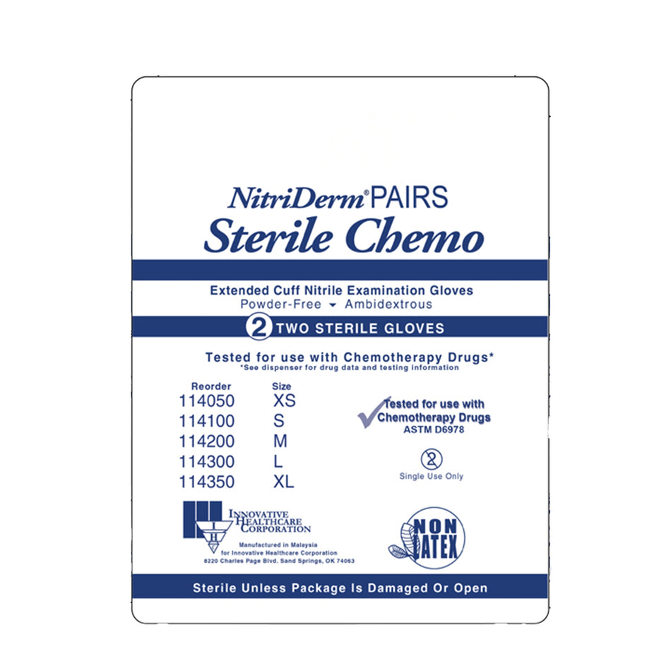 NitriDerm EC Nitrile Extended Cuff Length Exam Glove, Small, Blue-Exam Glove NitriDerm EC Small Sterile Pair Nitrile Extended Cuff Length Smooth Blue Chemo Tested
