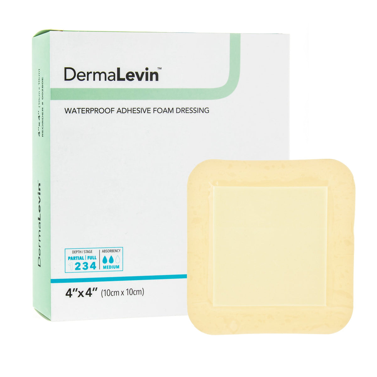 DermaLevin Adhesive with Border Foam Dressing, 4 x 4 Inch-Foam Dressing DermaLevin 4 X 4 Inch With Border Waterproof Backing Hydrocolloid Adhesive Square Sterile