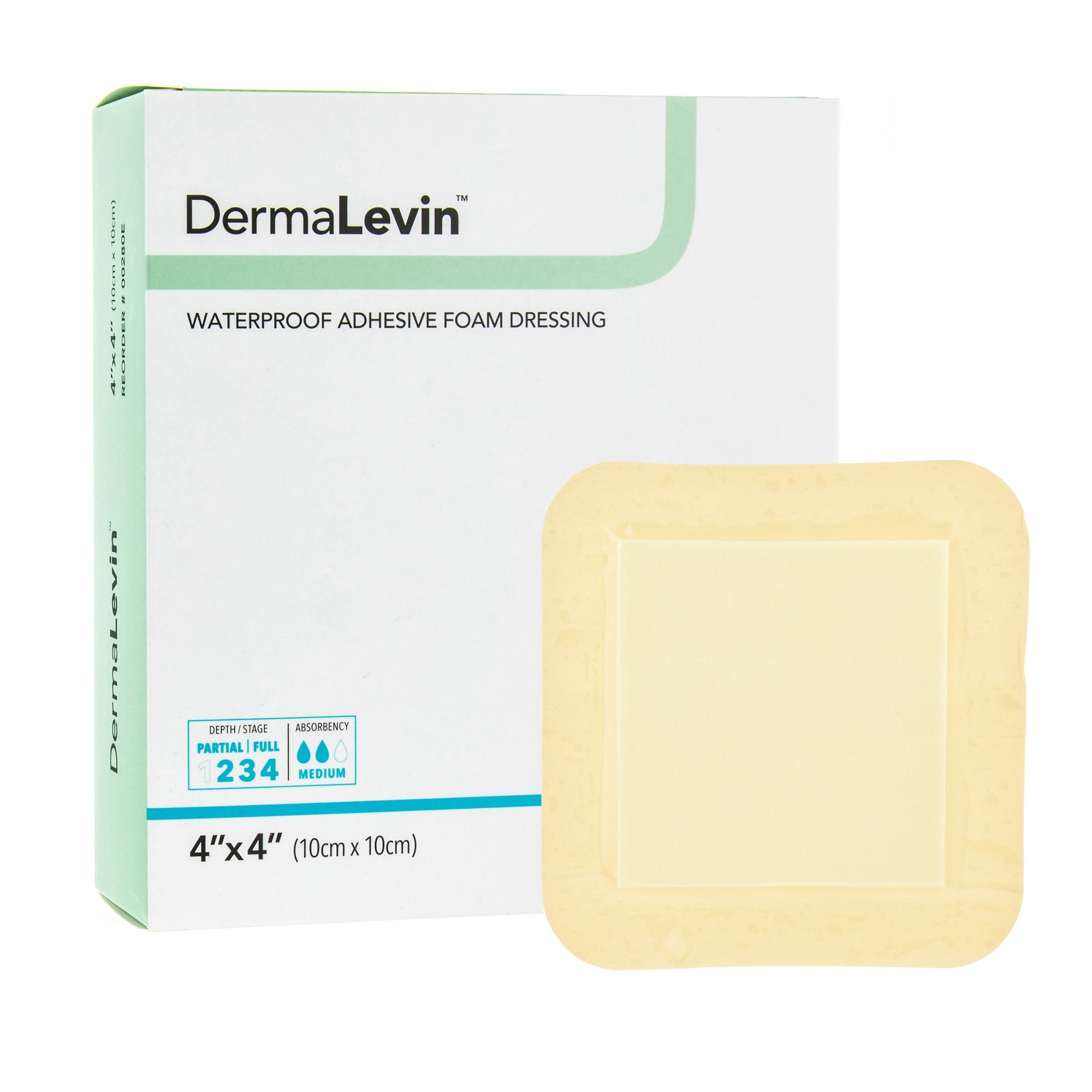 DermaLevin Adhesive with Border Foam Dressing, 4 x 4 Inch-Foam Dressing DermaLevin 4 X 4 Inch With Border Waterproof Backing Hydrocolloid Adhesive Square Sterile