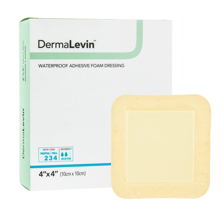 DermaLevin Adhesive with Border Foam Dressing, 4 x 4 Inch-Foam Dressing DermaLevin 4 X 4 Inch With Border Waterproof Backing Hydrocolloid Adhesive Square Sterile