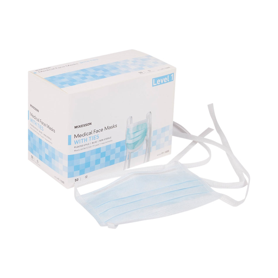 McKesson Classic Style Surgical Mask, Blue-Surgical Mask McKesson ASTM Level 1 Tie Closure One Size Fits Most