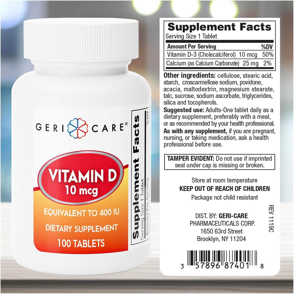 Geri-Care Vitamin D-3 Supplement-Vitamin Supplement Geri-Care Vitamin D3 400 IU Strength Tablet 100 per Bottle