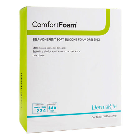 ComfortFoam Silicone Adhesive without Border Silicone Foam Dressing, 4 x 8 Inch-Foam Dressing ComfortFoam 4 X 8 Inch Without Border Film Backing Silicone Face Rectangle Sterile