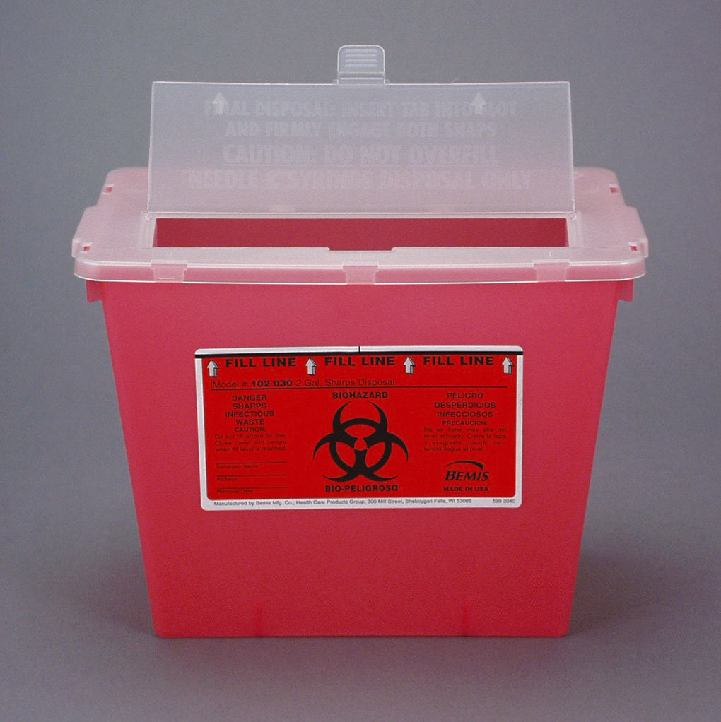 Bemis Sentinel Sharps Container, 2 Gallon, 8-5/8 x 11-5/8 x 7-3/4 Inch-Sharps Container Bemis Sentinel Translucent Red Base 8-5/8 H X 11-5/8 L X 7-3/4 W Inch Horizontal Entry 2 Gallon