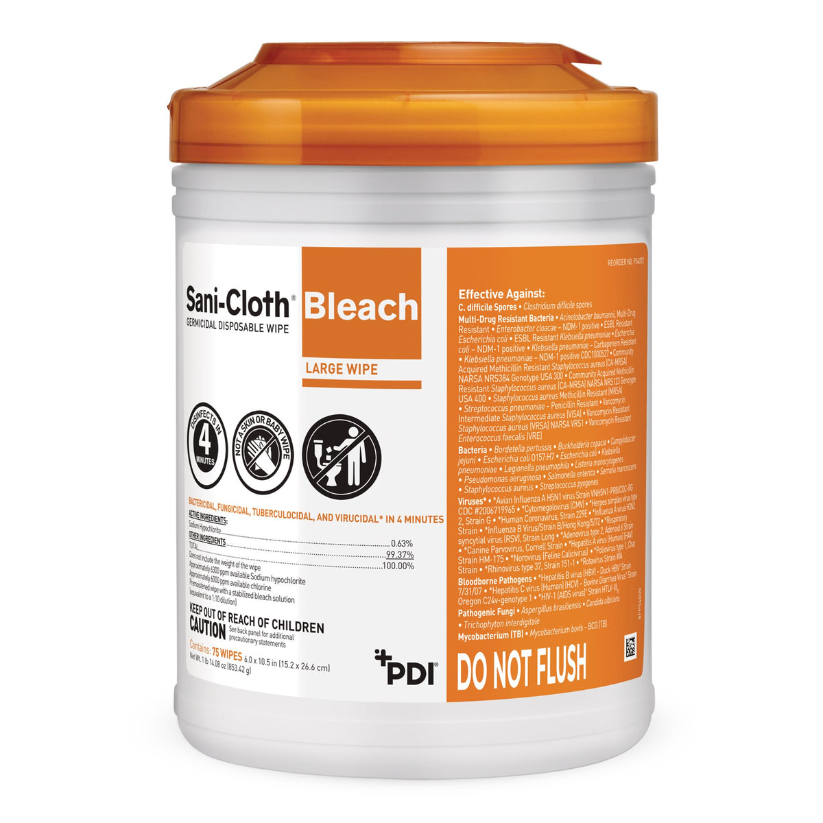 Sani-Cloth Surface Disinfectant Cleaner Bleach Wipe, 75 Wipes per Canister-Sani-Cloth Bleach Surface Disinfectant Cleaner Premoistened Germicidal Manual Pull Wipe 75 Count Canister Chlorine Scent NonSterile