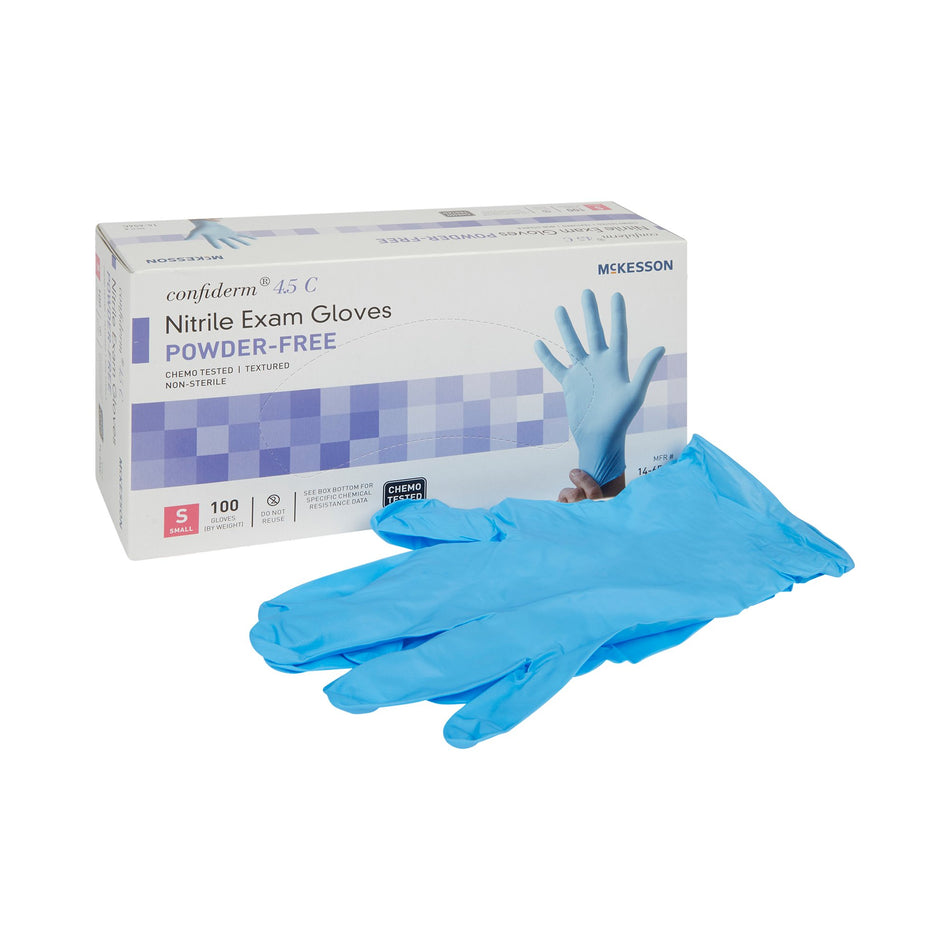 McKesson Confiderm 4.5C Nitrile Exam Glove, Small, Blue-Exam Glove McKesson Confiderm 4.5C Small NonSterile Nitrile Standard Cuff Length Textured Fingertips Blue Chemo Tested