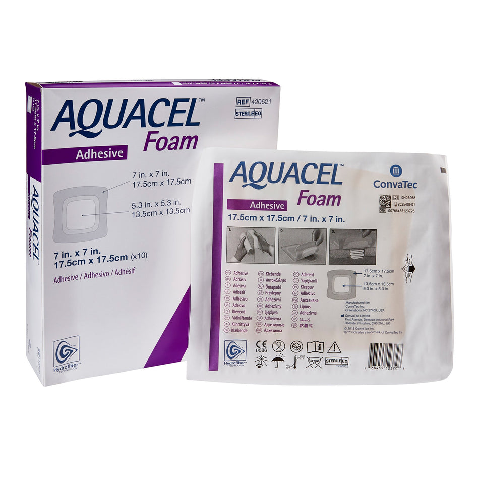 Aquacel� Silicone Adhesive with Border Silicone Foam Dressing, 7 x 7 Inch-Foam Dressing Aquacel� 7 X 7 Inch With Border Waterproof Film Backing Silicone Adhesive Square Sterile