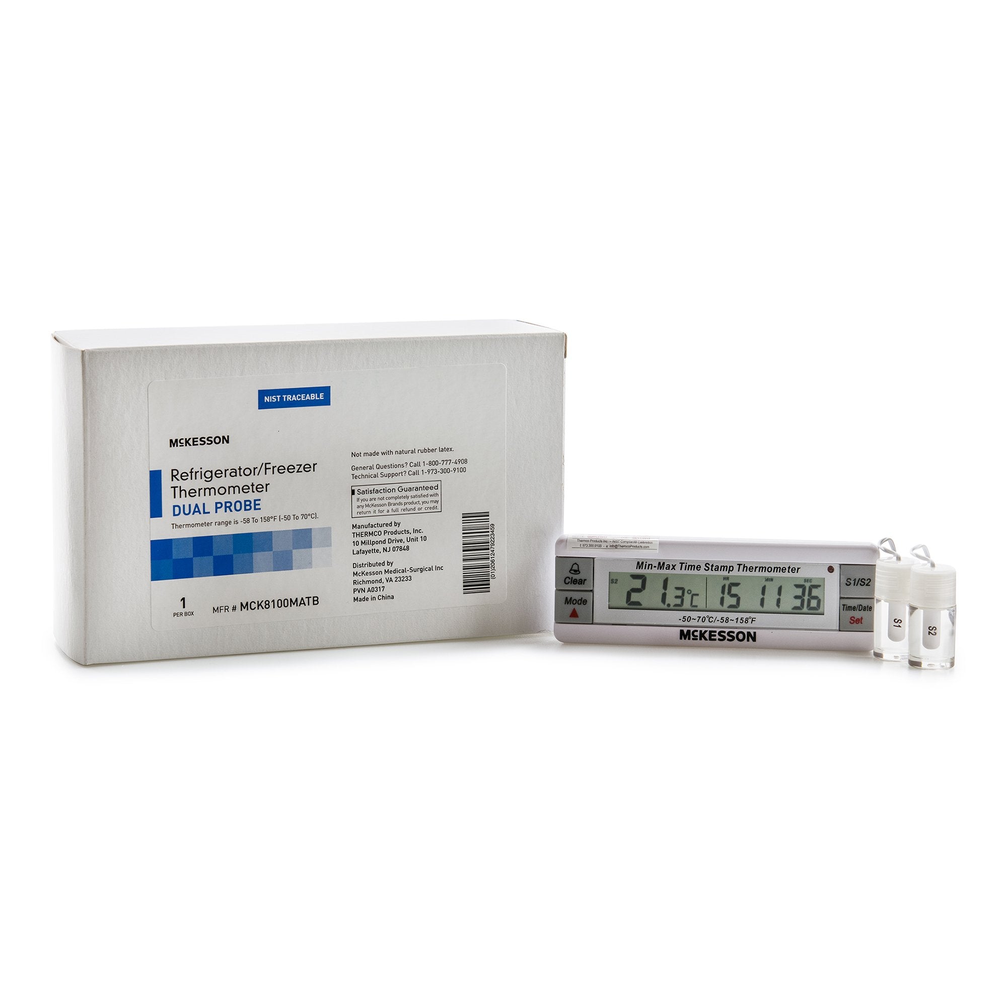 McKesson Refrigerator / Freezer Thermometer, Digital Display, -58 to +158F (-50 to +70C)-Digital Refrigerator / Freezer Thermometer with Alarm McKesson Fahrenheit / Celsius -58 to +158F (-50 to +70C) Desk / Wall / Door Mount Battery Operated